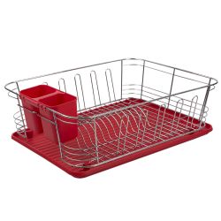 6 pieces of Home Basics 3 Piece  Chrome Plated Steel And Plastic Dish Rack, Red