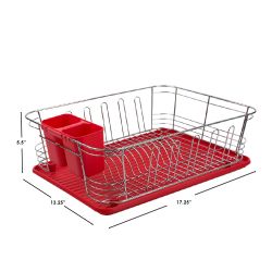 6 pieces of Home Basics 3 Piece  Chrome Plated Steel And Plastic Dish Rack, Red