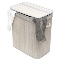 6 pieces Home Basics 2 Compartment Folding Rectangle Bamboo Hamper With Liner, Grey - Laundry Baskets & Hampers
