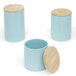 3 pieces of Home Basics Wave 3 Piece Ceramic Canister Set With Bamboo Tops, Turquoise