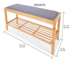 Home Basics Bamboo Cushion Top Bench With Bottom Shelf Shoe Rack, Natural