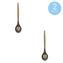 24 pieces of Home Basics Karina HigH-Heat Resistance NoN-Stick Safe Silicone Slotted Spoon With Easy Grip Beech Wood Handle, Grey