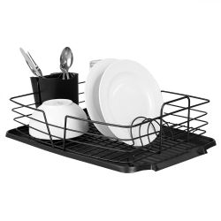 6 pieces of Michael Graves Design Deluxe Dish Rack With Black Finish Wire And Removable Dual Compartment Utensil Holder, Black