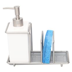 6 pieces of Michael Graves Design Steel Kitchen Sink Caddy Station With 10 Ounce Ceramic Soap Dispenser, Satin Nickel