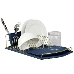 6 pieces of Michael Graves Design Gold Finish Steel Wire Compact Dish Rack With Oversized Utensil Holder, Indigo