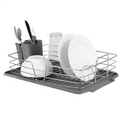 6 pieces of Michael Graves Design Deluxe Dish Rack With Satin Nickel Finish Wire And Removable Dual Compartment Utensil Holder, Grey/silver