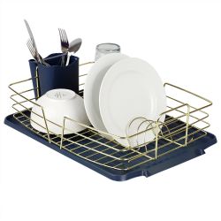 6 Wholesale Michael Graves Design Deluxe Dish Rack With Gold Finish Wire And Removable Dual Compartment Utensil Holder, Navy Blue/gold