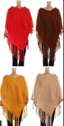 24 Wholesale Womens Winter Warm Cape Textured With Fringes