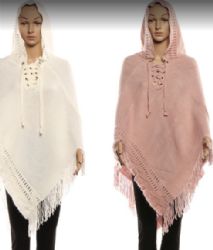 24 Wholesale Women's Solid Hooded Poncho With Fringes