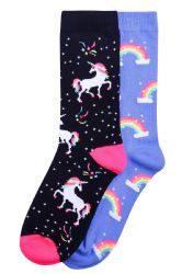 120 Pairs Sofra Women's Unicorn Crew - Stars 6-8 - Womens Crew Sock