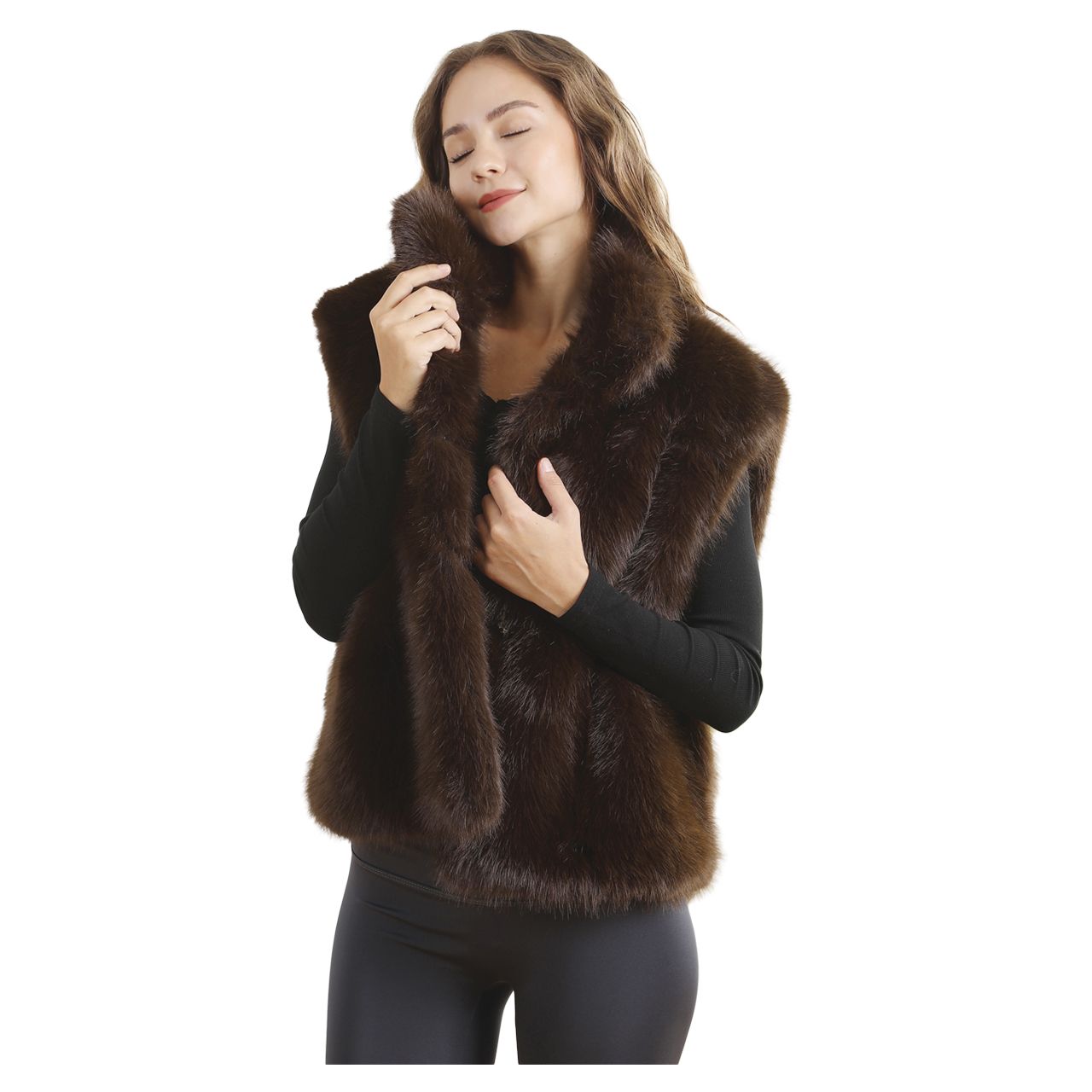 24 pieces Plush Faux Fur Vest With Collar - Coffee Brown - Women's Winter Jackets