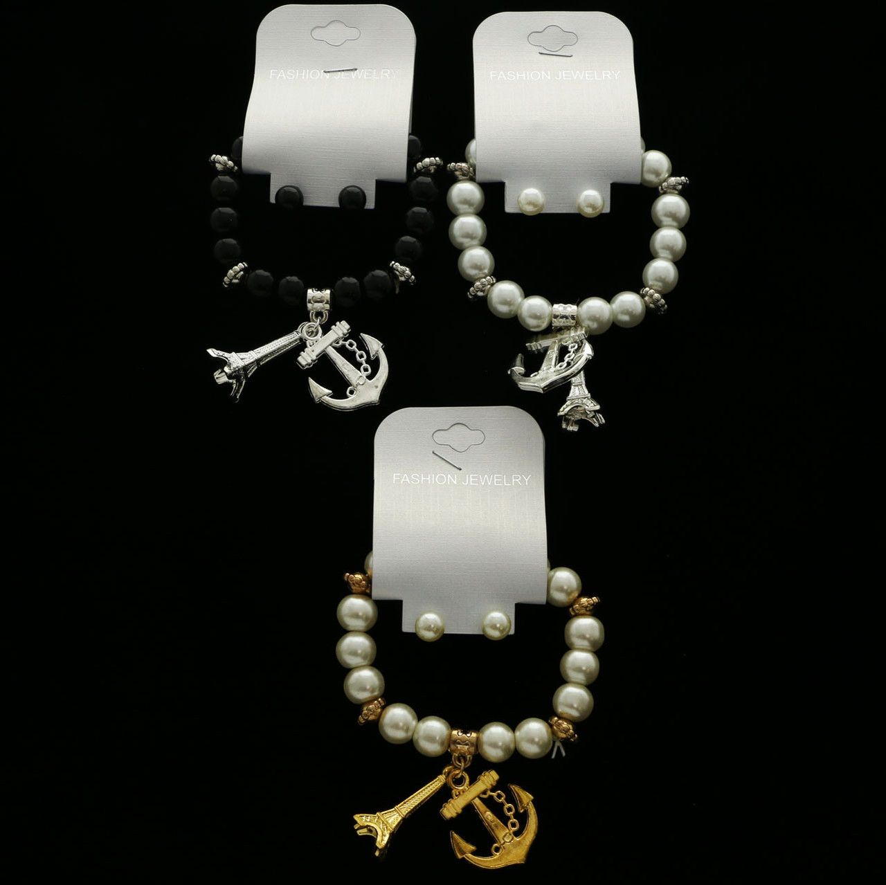 60 Wholesale Faux Pearl Bead And Black Bead Bracelets With Anchor And Eiffel Tower Charm