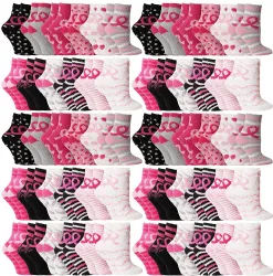 60 Wholesale Women's Breast Cancer Awareness Fuzzy Socks, Assorted Size 9-11