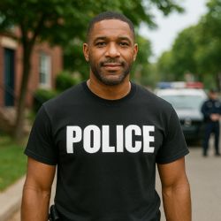 36 Pieces of Unisex Cotton Police Printed T Shirt Black With White Print Back And Front Size Large