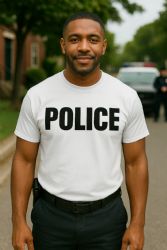 60 Pieces Unisex Cotton Police Printed T Shirt White With Black Print Back And Front Size Large - Event Apparel