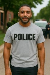 24 Pieces Unisex Cotton Police Printed T Shirt Gray With Black Print Back And Front Size 2X-Large - Event Personnel Tees