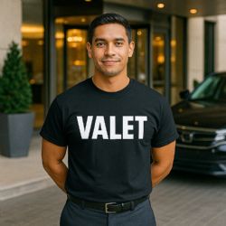 48 Pieces Unisex Cotton Valet Printed T Shirt White With Black Print Back And Front Size X-Large - Event Personnel Tees