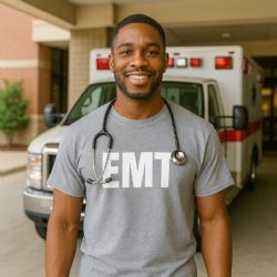 60 Pieces Unisex Cotton Emt Printed T Shirt Navy With White Print Back And Front Size Small - Event Apparel