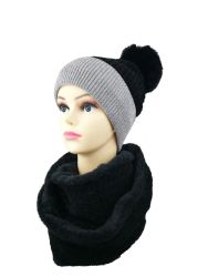 24 Wholesale Dual Color Design Pom Pom Winter Hat And Infinity Scarf Set Fleece Lined