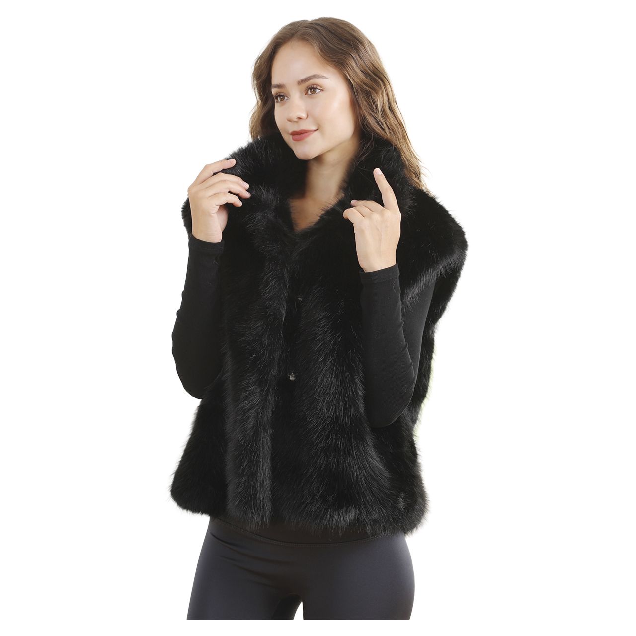 24 pieces Plush Faux Fur Vest With Collar - Black - Women's Winter Jackets