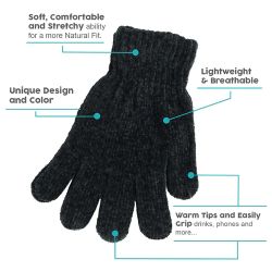 96 Pairs Unisex Wholesale Chenille Gloves In Black - Knitted Stretch Gloves