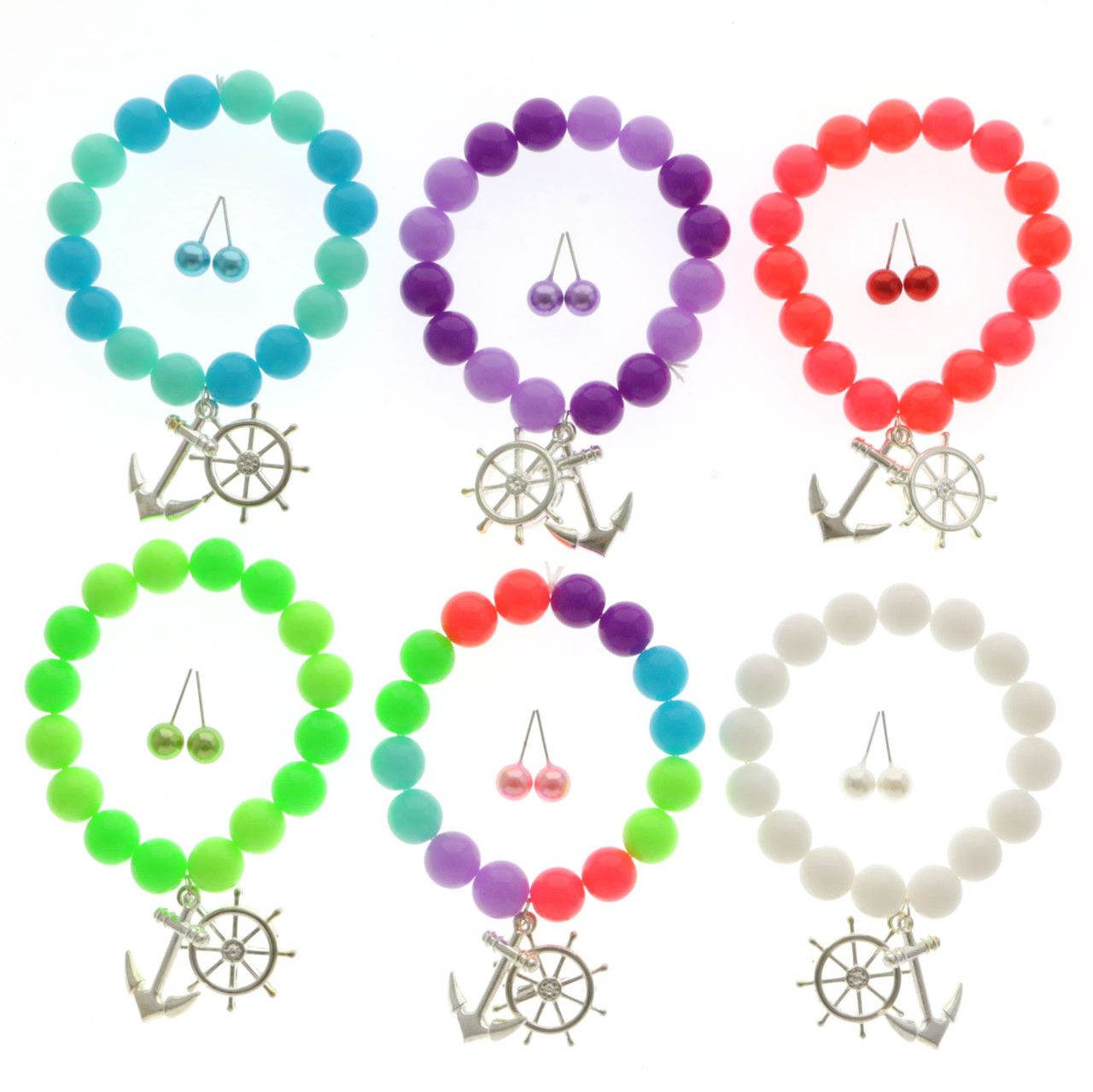 60 Wholesale Silvertone And Goldtone Beaded Bracelets, With Stud Earrings