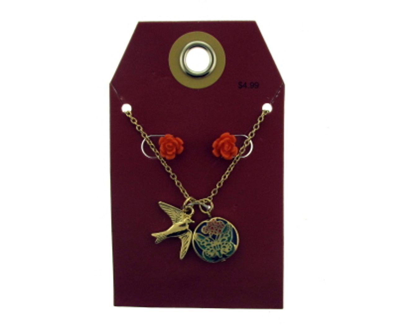 60 Wholesale Gold Tone Rose And Bird Necklace And Earring Set