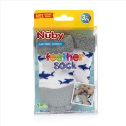 4 Wholesale Nuby Soothing Teether Sock, Grey Shark 3 Months up