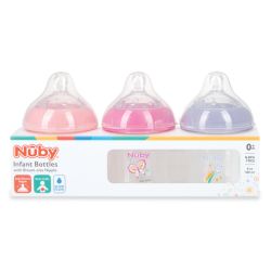 24 Wholesale Nuby Printed Infant 6oz Bottle With Slow Flow Silicone Nipple 3pk Star Butterfly Rainbow