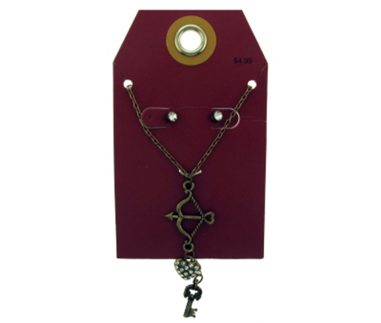 60 Wholesale Antique Style Gold Tone Bow And Arrow Heart And Key Necklace And Earring Set