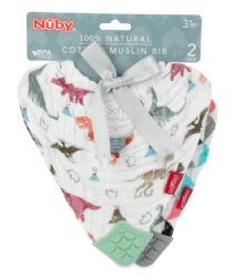 48 Wholesale Nuby 3pk Muslin Bib With Teether dinosaurs zigzag Bear 0 months up