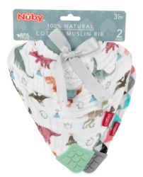 48 Wholesale Nuby 3pk Muslin Bib With Teether red Stripes elephant triangles 0 months up