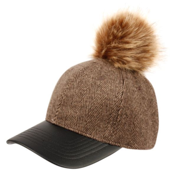 12 Pieces Six Panel Wool Blend Herringbone Cap With Pom Pom & Pu Visor Assorted - Fashion Winter Hats