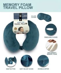 24 Wholesale Teal Travel Neck Pillow And Eye Mask Set - Memory Foam Pillow 2 Piece Set In Velvet With Eye Mask