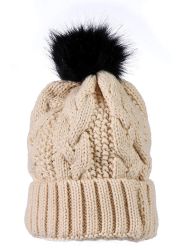 Yacht & Smith Womens Pom Pom Beanie Hat, Winter Cable Knit Hat, Warm Cap, 3" Pom Beige - Winter Beanie Hats