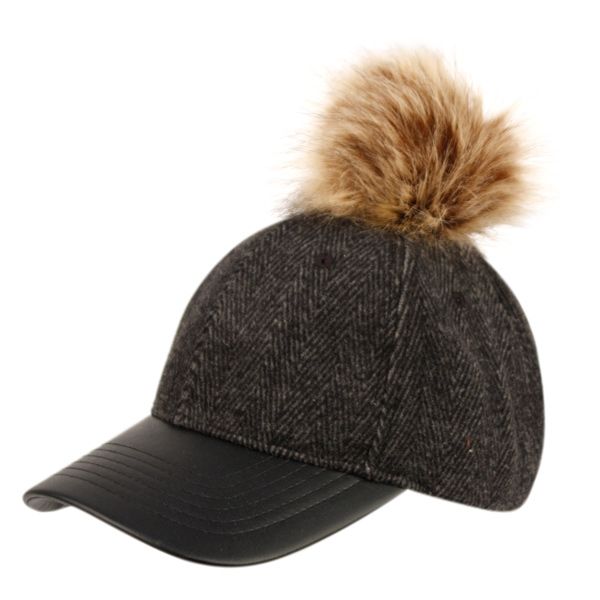 12 Pieces Six Panel Wool Blend Herringbone Cap With Pom Pom & Pu Visor Assorted - Fashion Winter Hats