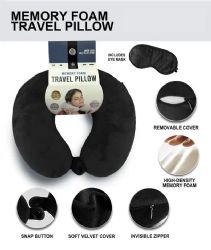 24 Wholesale Black Travel Neck Pillow And Eye Mask Set - Memory Foam Pillow 2 Piece Set In Velvet With Eye Mask