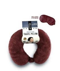 24 Wholesale Burgundy Travel Neck Pillow And Eye Mask Set - Memory Foam Pillow 2 Piece Set In Velvet With Eye Mask
