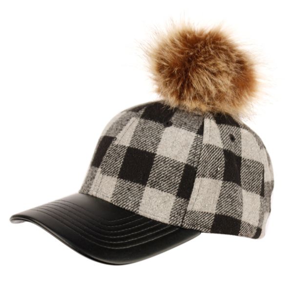 12 Pieces of Six Panel Plaid Wool Blend Cap With Pom Pom & Pu Visor Assorted