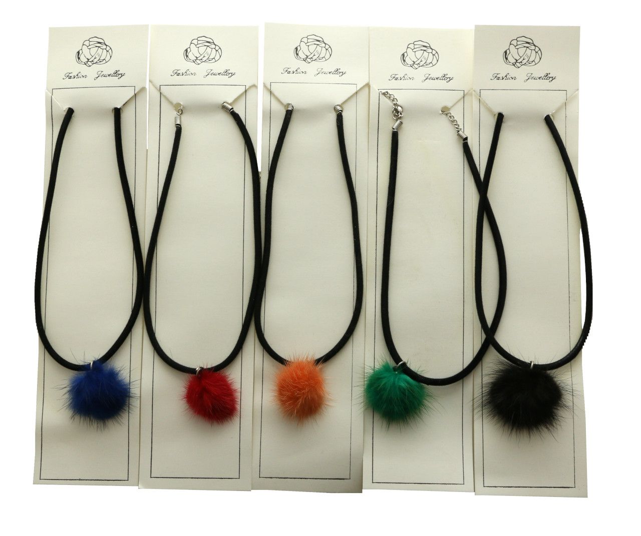 60 Wholesale Black Woven Cloth Cord With Assorted Color Dyed Fur Pendant Necklace