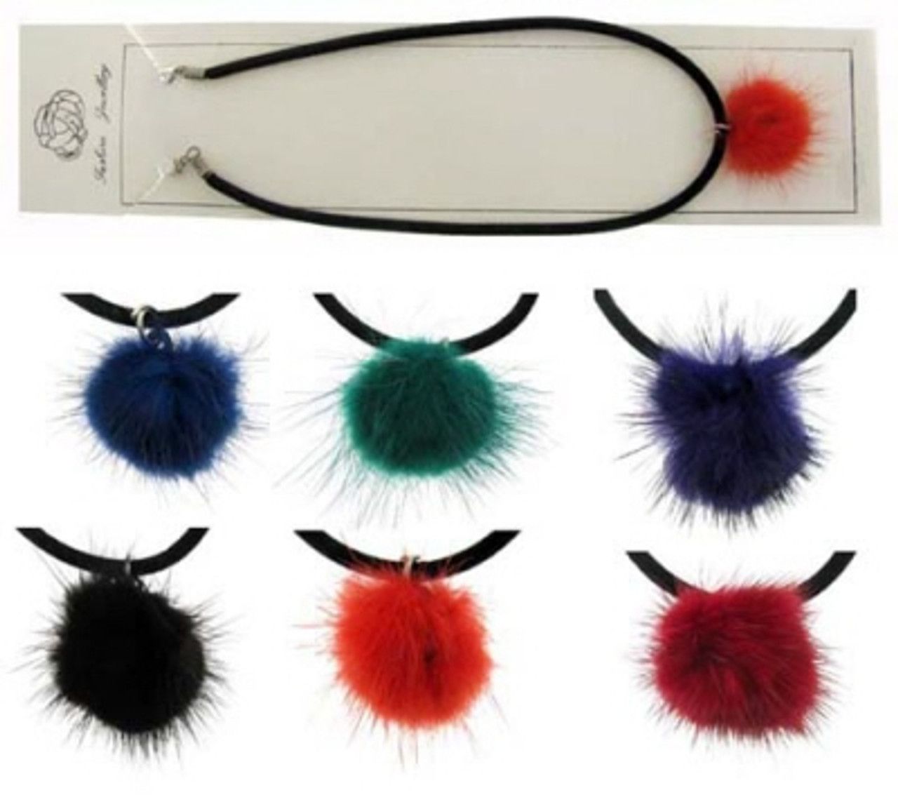 60 Wholesale Black Woven Cloth Cord With Assorted Color Dyed Fur Pendant Necklace