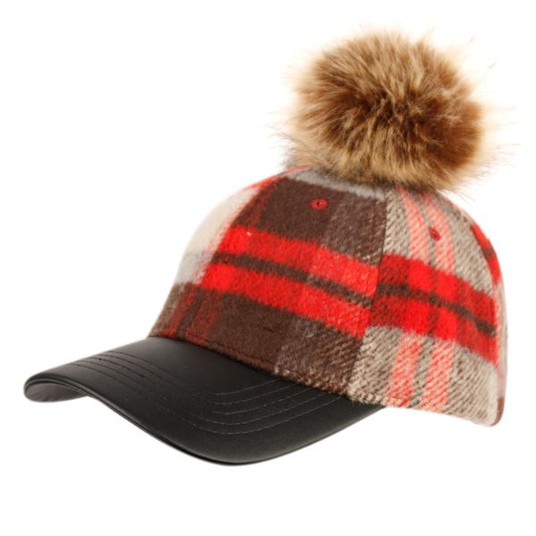 12 Pieces of Six Panel Plaid Wool Blend Cap With Pom Pom & Pu Visor Assorted