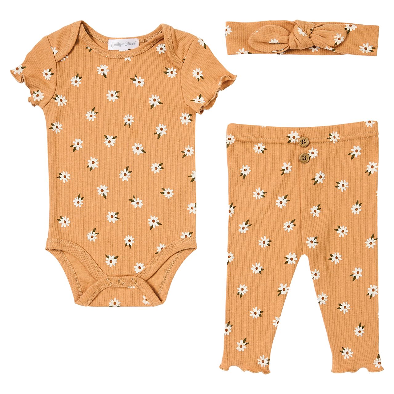 36 pieces 3-Piece Ribbed Cotton Baby Clothing Set - Brown With White Flowers - Baby Apparel