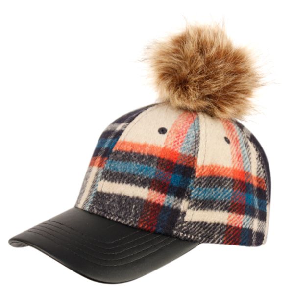 12 Pieces of Six Panel Plaid Wool Blend Cap With Pom Pom & Pu Visor Assorted