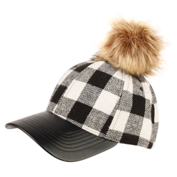 12 Pieces of Six Panel Plaid Wool Blend Cap With Pom Pom & Pu Visor Assorted