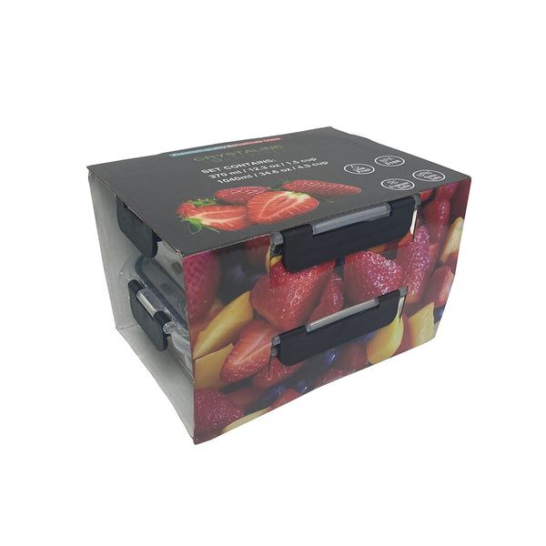 6 pieces 4 Pk Rectangle Container 2x 370ml + 2x 1040 Ml, Glass W/ Hinged Pp Lid - Food Storage Containers