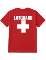 12 Wholesale Red Lifeguard T-Shirt Cotton Blend Printed In Usa For Beach Or Pool Staff Size Large