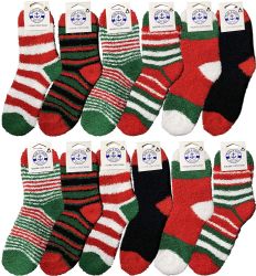 48 Wholesale Christmas Fuzzy Socks, Fun Colorful Festive, Holiday Theme Socks Womens Size 9-11