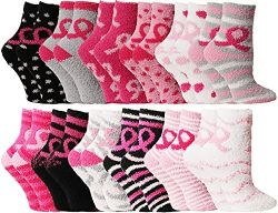 12 Wholesale Yacht & Smith Women's Assorted Colored Warm & Cozy Fuzzy Breast Cancer Awareness Socks