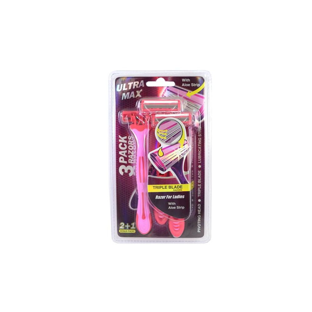 24 Wholesale Ultra Max Razor Triple Blade 3pk Pink